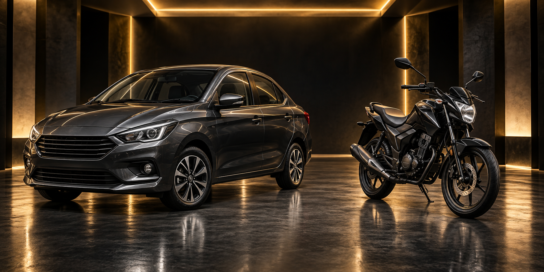 Composição ilustrativa de um carro e uma moto em estúdio